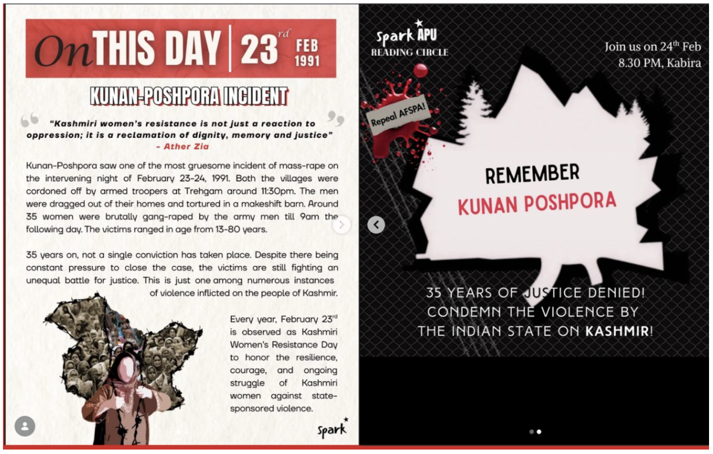 APU1: The posters put up by APU Study Circle, inviting fellow students for a discussion on the Kunan Poshpora incident in Kashmir, that allegedly occurred on 24 February 1991. (Photo: Instagram/@spark.apu)